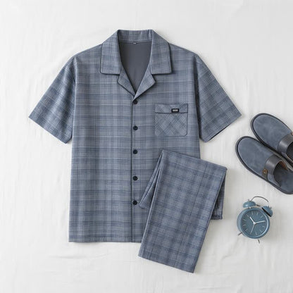 Cotton Blue-Gray Plaid Button Loungewear Set - image 1