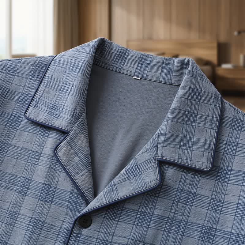 Cotton Blue-Gray Plaid Button Loungewear Set - image 5