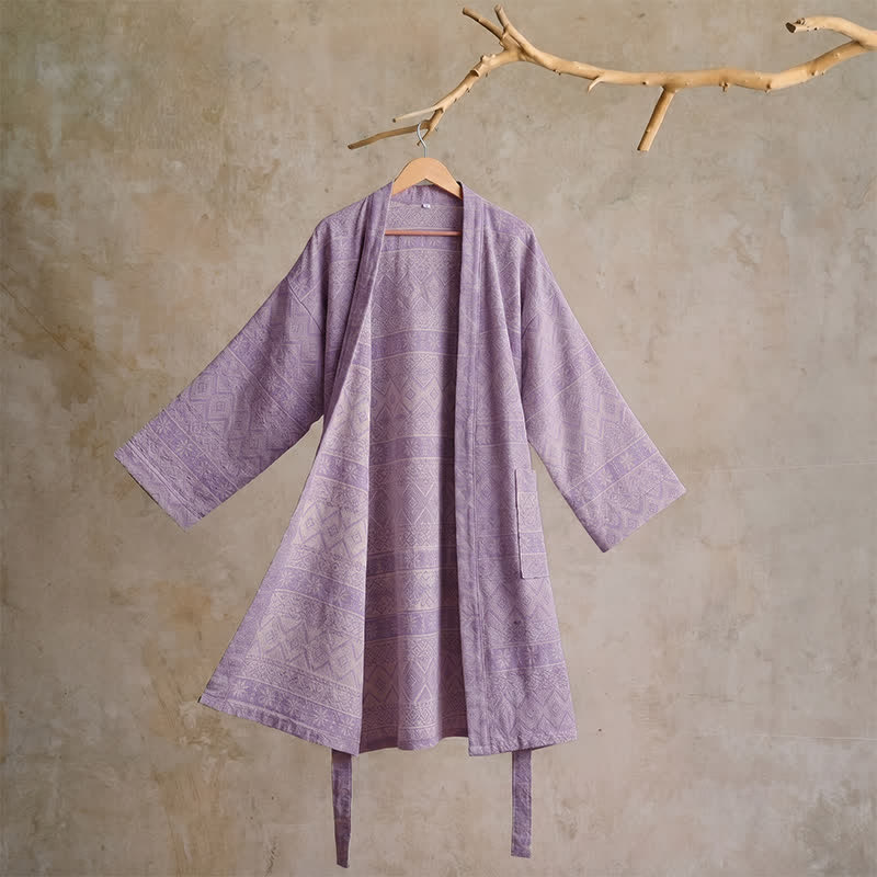 Cotton Ethnic Geometric Print Kimono Robe - XL - Purple - image 9