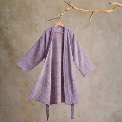 Cotton Ethnic Geometric Print Kimono Robe - XL - Purple - image 9