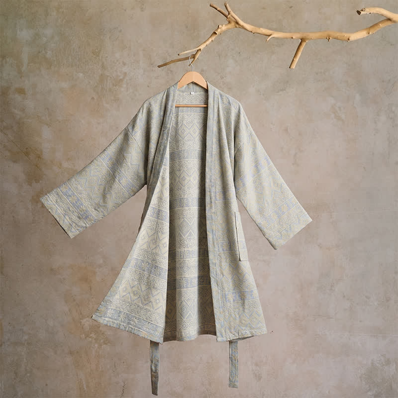 Cotton Ethnic Geometric Print Kimono Robe - XL - Grey - image 12
