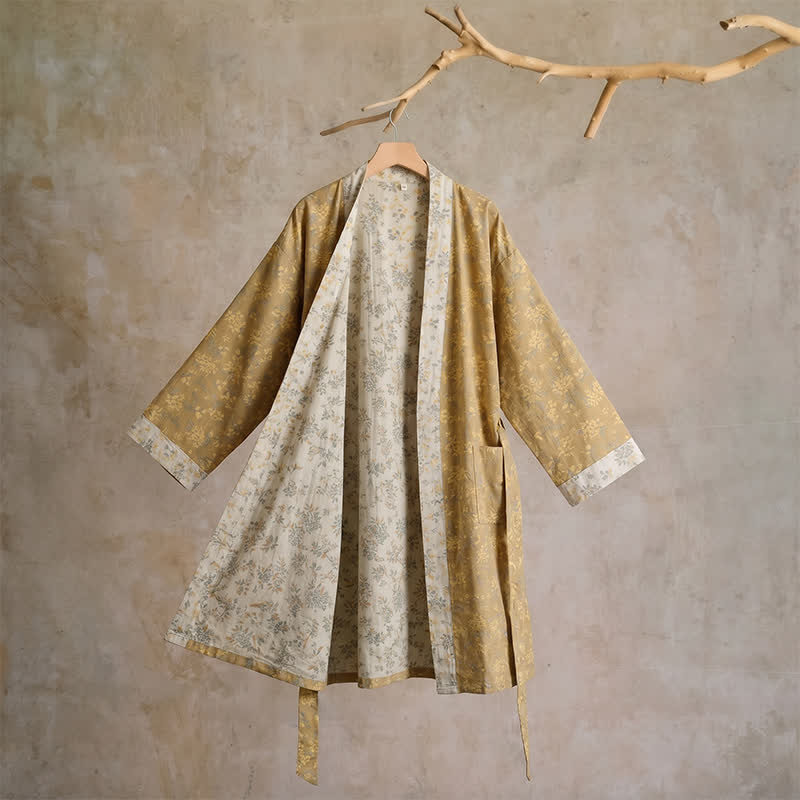 Cotton Reversible Floral Kimono Robe - L - Yellow - image 1