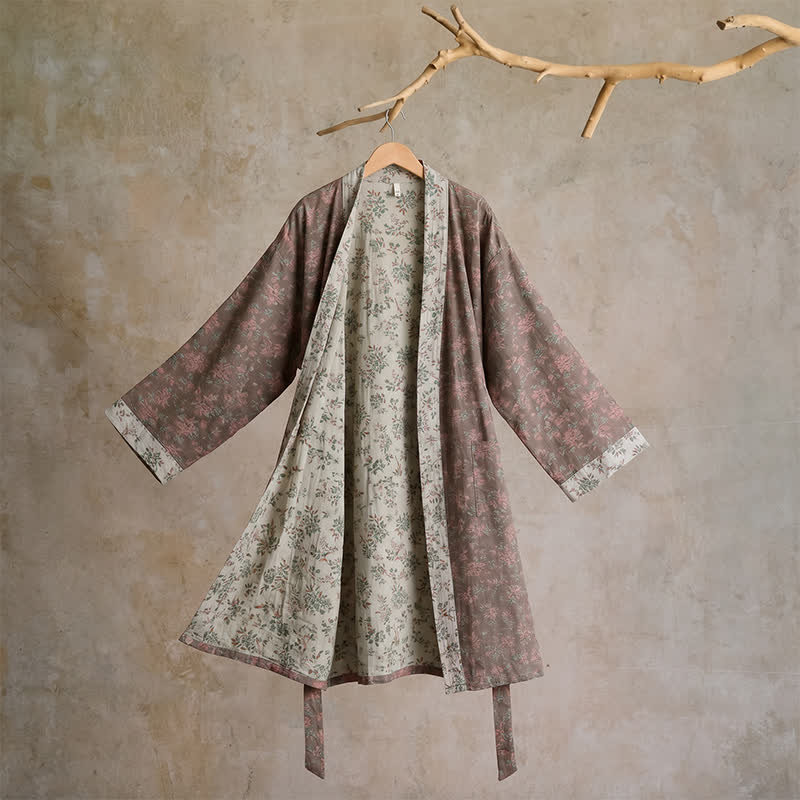 Cotton Reversible Floral Kimono Robe - L - Grey - image 12