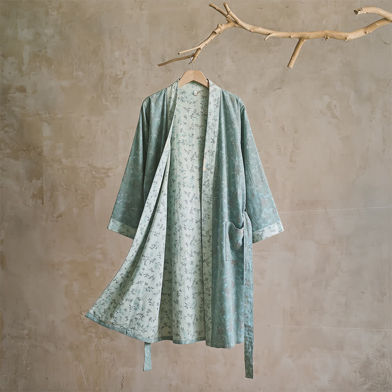 Cotton Reversible Floral Kimono Robe - L - Blue - image 9