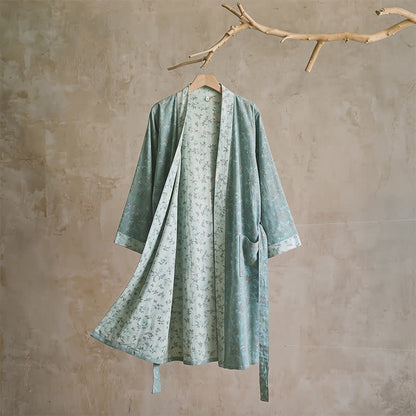 Cotton Reversible Floral Kimono Robe - L - Blue - image 9
