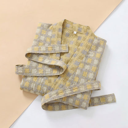 Soft Yellow Grey Cotton Plaid Kimono Robe - image 8