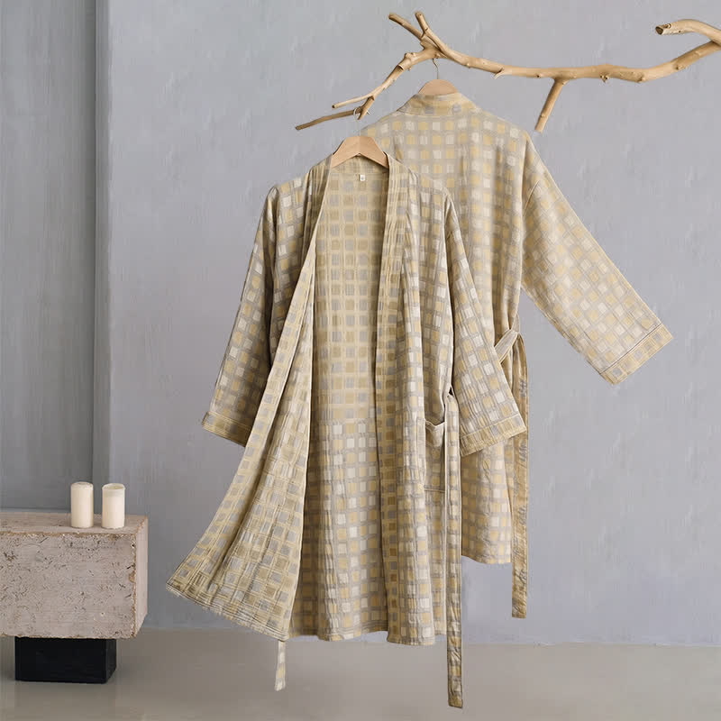 Soft Yellow Grey Cotton Plaid Kimono Robe - image 2