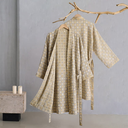 Soft Yellow Grey Cotton Plaid Kimono Robe - image 2