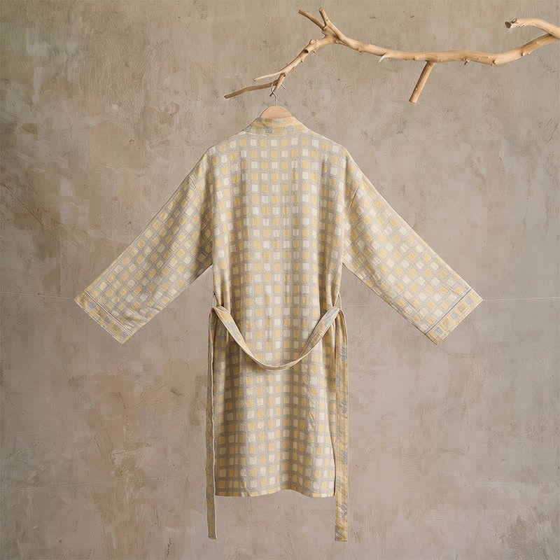 Soft Yellow Grey Cotton Plaid Kimono Robe - image 1