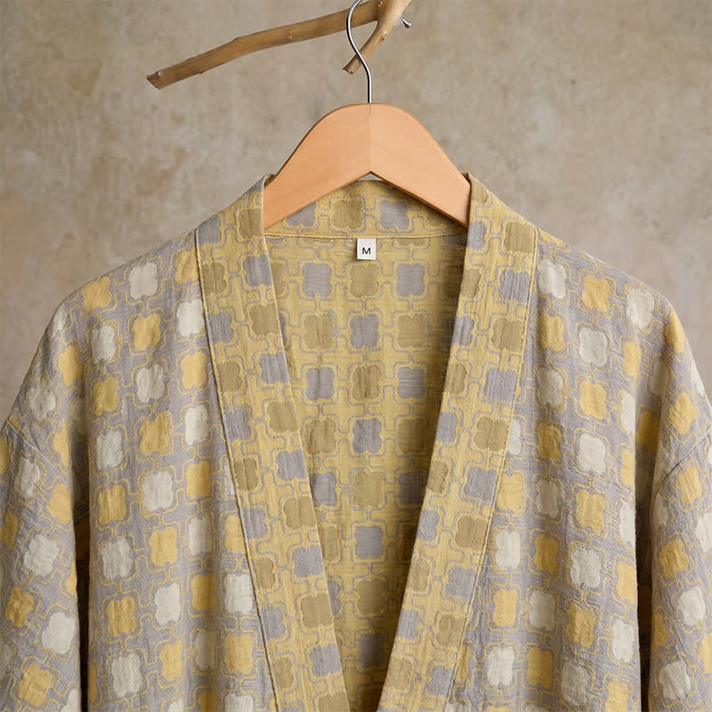 Soft Yellow Grey Cotton Plaid Kimono Robe - image 5