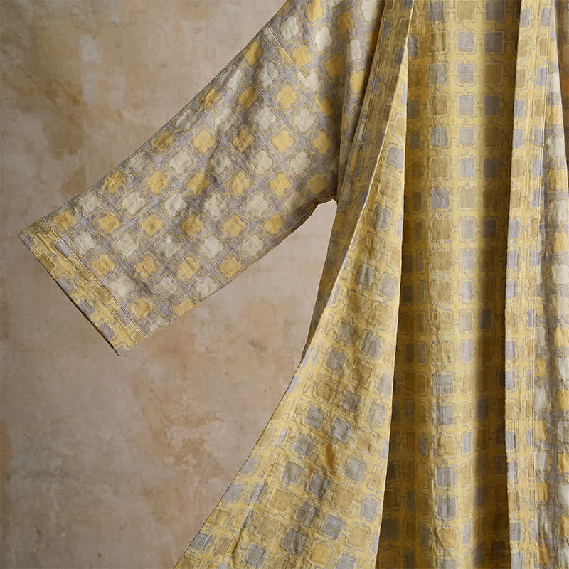 Soft Yellow Grey Cotton Plaid Kimono Robe - image 3