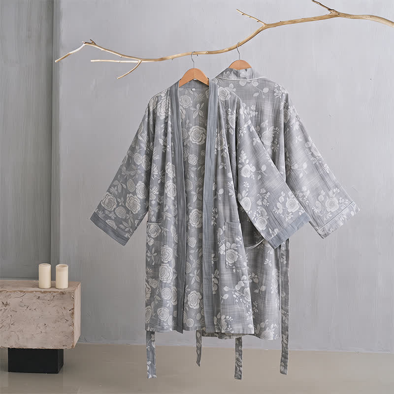 Cotton Dusty Blue Rose Print Kimono Robe - image 2