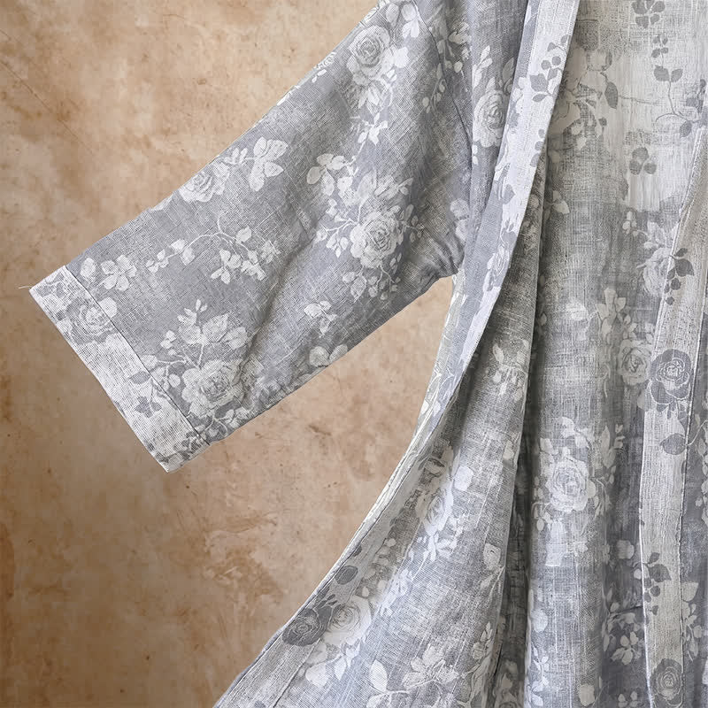 Cotton Dusty Blue Rose Print Kimono Robe - image 4