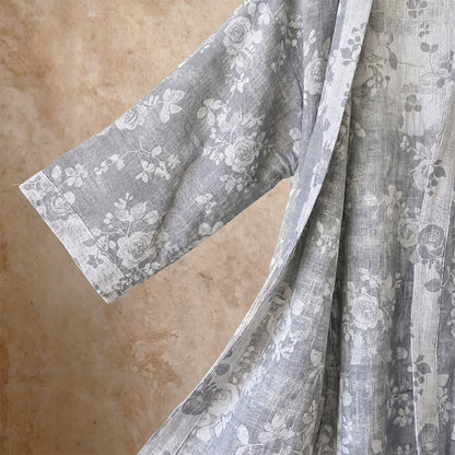 Cotton Dusty Blue Rose Print Kimono Robe - image 4