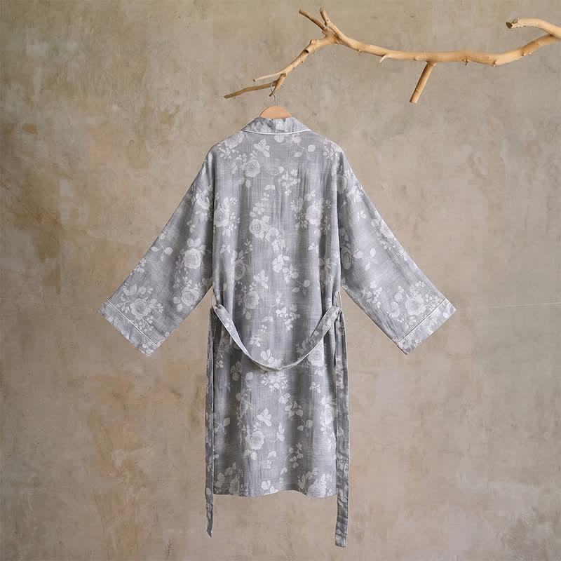 Cotton Dusty Blue Rose Print Kimono Robe - image 1
