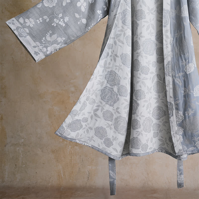 Cotton Dusty Blue Rose Print Kimono Robe - image 3
