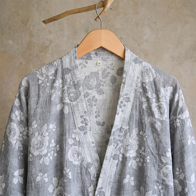 Cotton Dusty Blue Rose Print Kimono Robe - image 5
