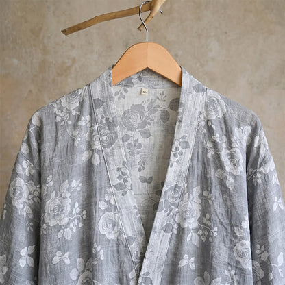 Cotton Dusty Blue Rose Print Kimono Robe - image 5