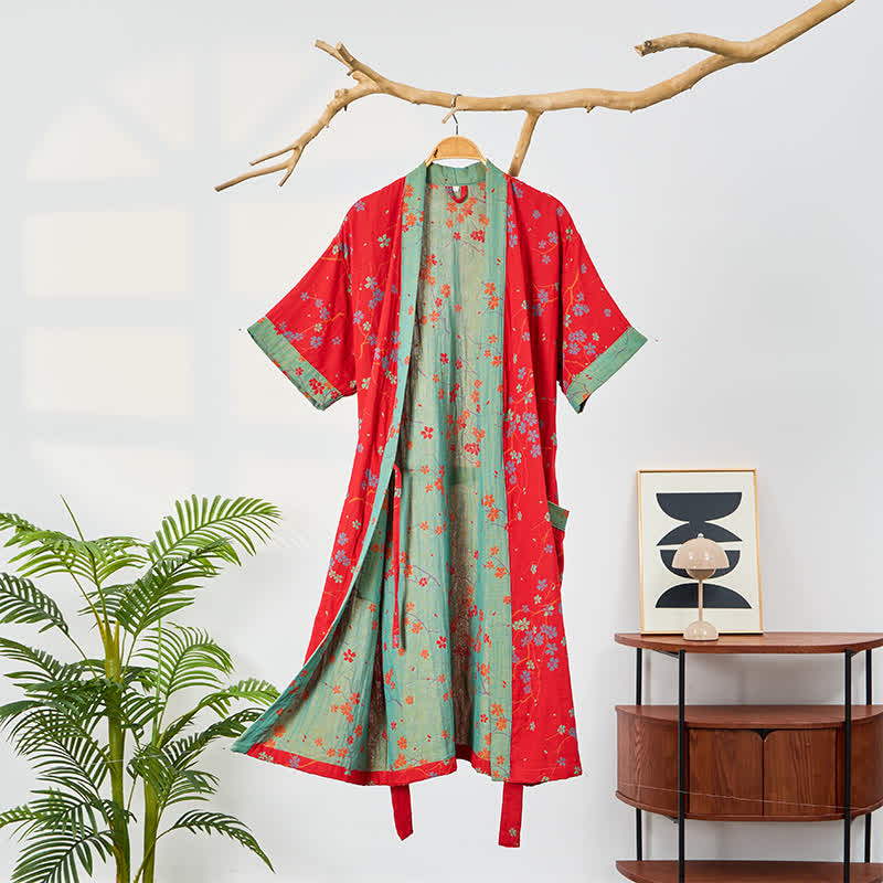 Kimono Style Short Sleeve Muslin Bathrobe - Red - 2XL - image 9