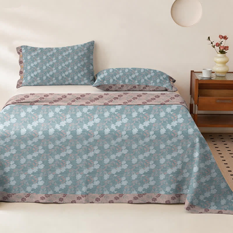 Elegant Floral Cotton Double Gauze Bedspread - Bedspread with 2PCS Pillowcases - King - Blue&Pink - image 2