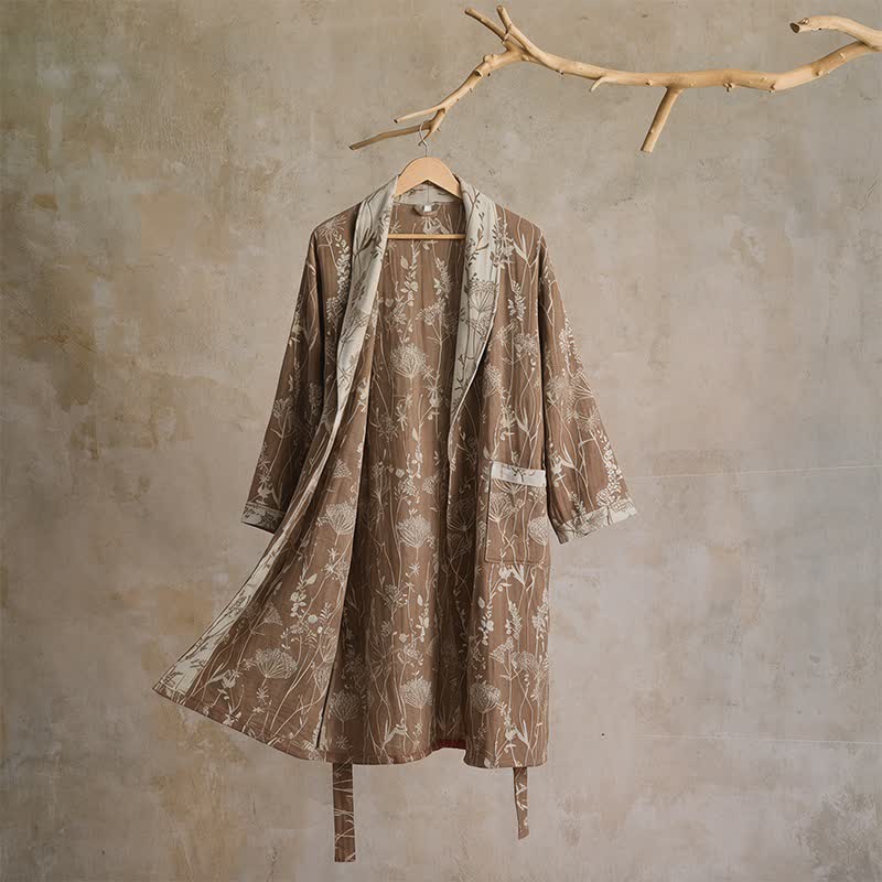 Vintage Botanical Cotton Double Gauze Robe - Brown - XL - image 12