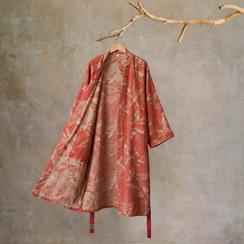 Coral Leaf Cotton Gauze Kimono Bathrobe - Red - XL - image 0