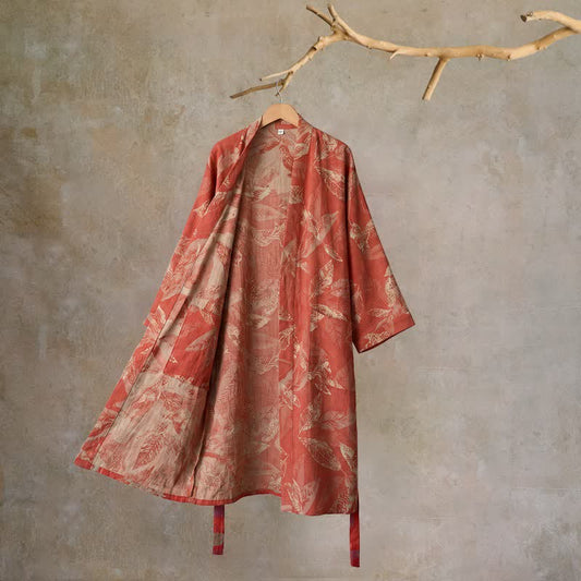 Coral Leaf Cotton Gauze Kimono Bathrobe - Red - XL - image 0