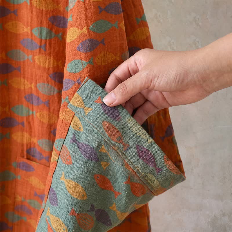 Fish Cotton Gauze Kimono Bathrobe - image 7