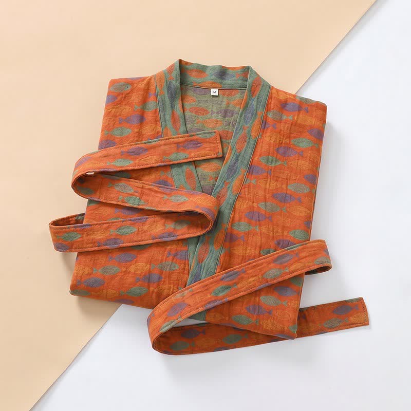 Fish Cotton Gauze Kimono Bathrobe - image 3