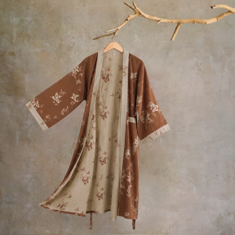 Elegant Butterfly Cotton Kimono Bathrobe - Coffee - 2XL - image 0