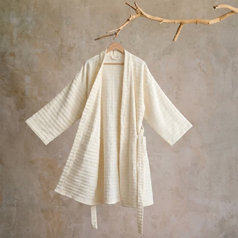 Cotton Waffle Weave Kimono Bathrobe - Beige - XL - image 12