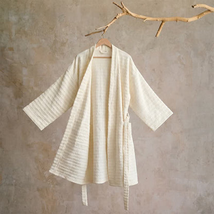 Cotton Waffle Weave Kimono Bathrobe - Beige - XL - image 12