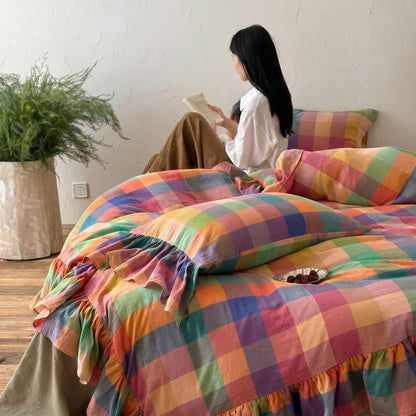 Colorful Plaid Ruffled Cotton Bedding Set (4PCS) - image 3