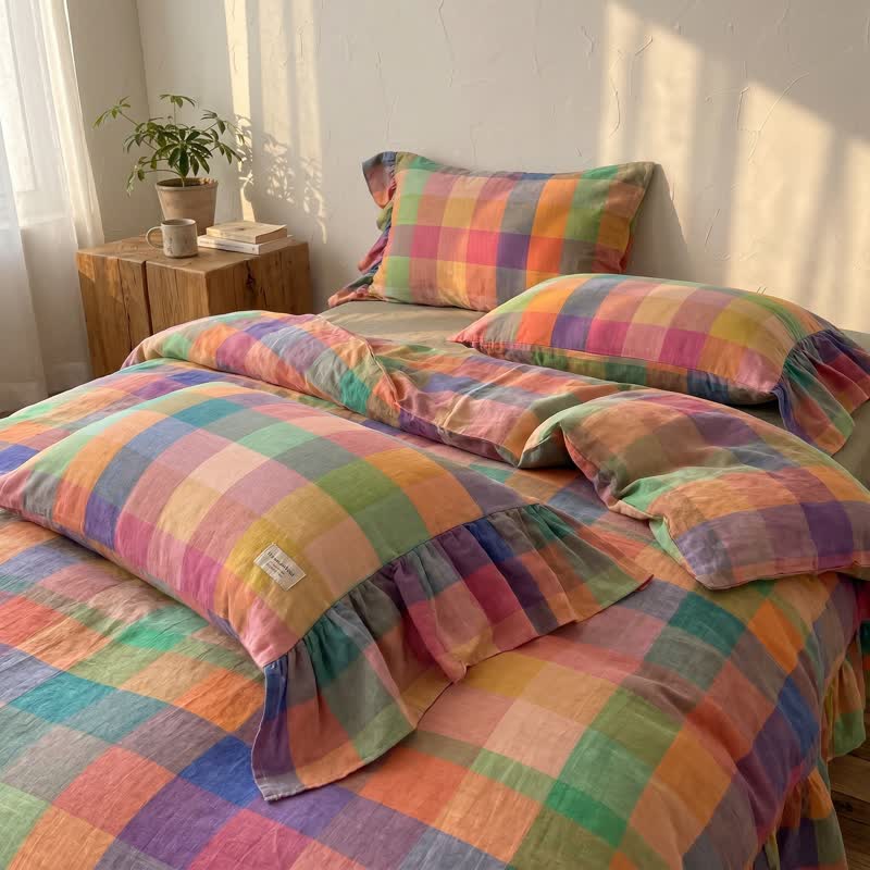 Colorful Plaid Ruffled Cotton Bedding Set (4PCS) - image 2