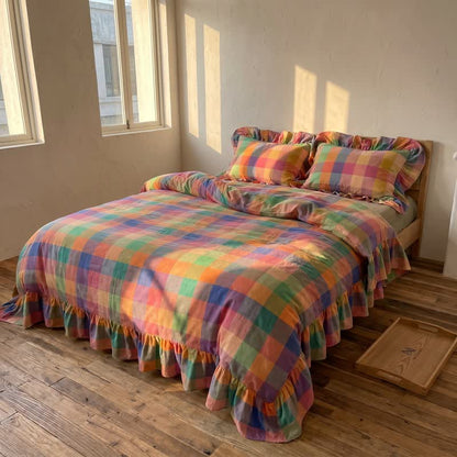 Colorful Plaid Ruffled Cotton Bedding Set (4PCS) - image 1