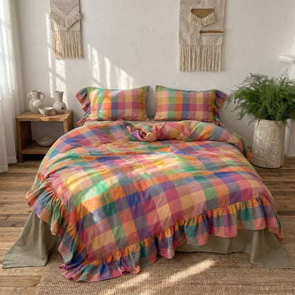 Colorful Plaid Ruffled Cotton Bedding Set (4PCS) - King - image 0