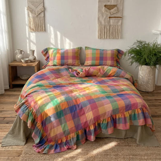 Colorful Plaid Ruffled Cotton Bedding Set (4PCS) - King - image 0