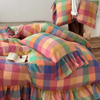 Colorful Plaid Ruffled Cotton Bedding Set (4PCS) - image 4