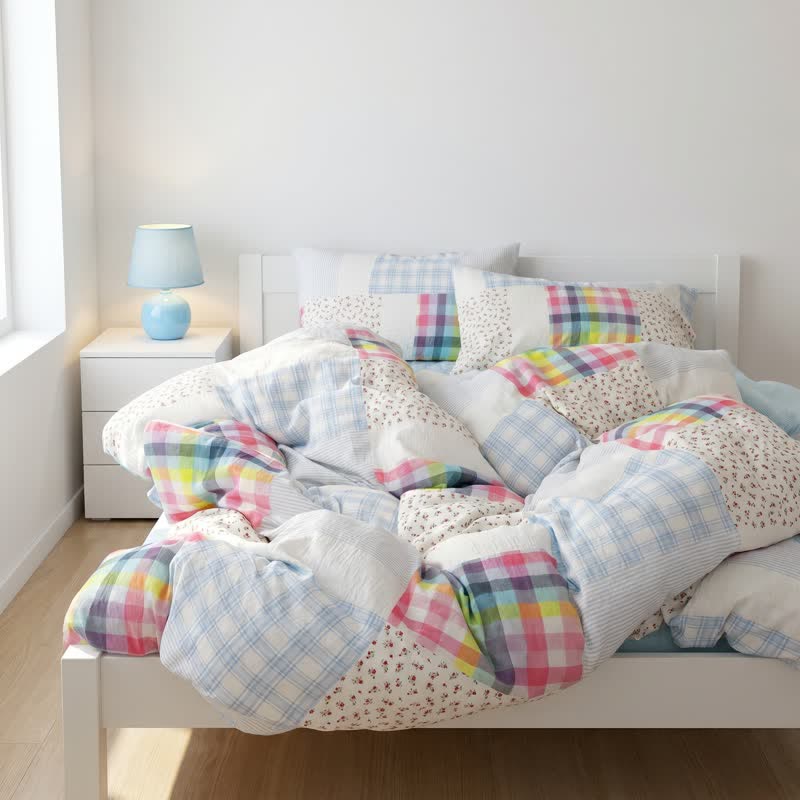 Rainbow Plaid Patchwork Floral Cotton Bedding Set (4PCS) - image 4