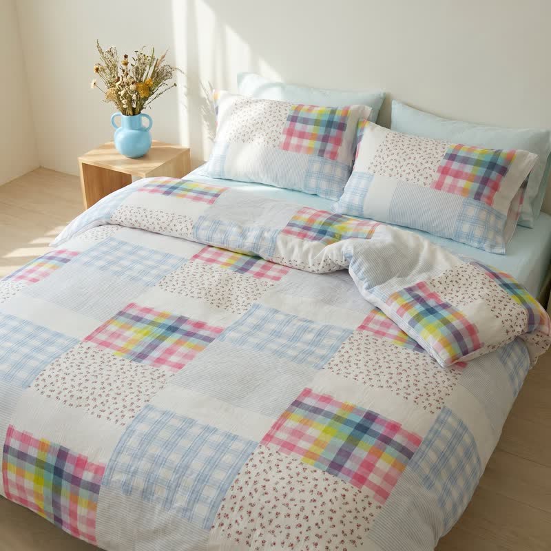 Rainbow Plaid Patchwork Floral Cotton Bedding Set (4PCS) - image 2
