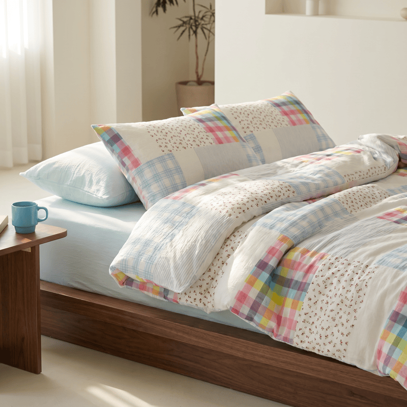 Rainbow Plaid Patchwork Floral Cotton Bedding Set (4PCS) - image 1