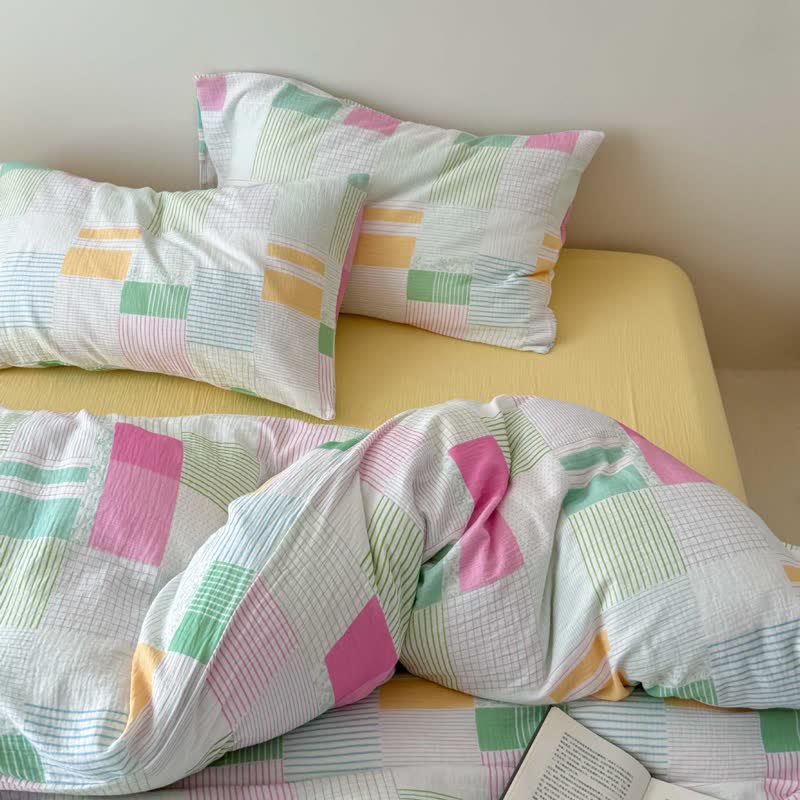 Multicolor Pastel Patchwork Cotton Bedding Set (4PCS) - Yellow - Fitted sheet - King - image 7
