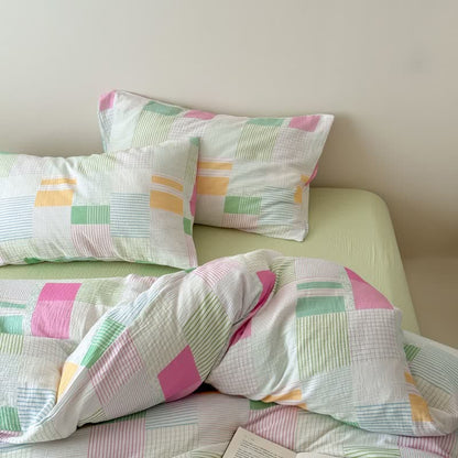 Multicolor Pastel Patchwork Cotton Bedding Set (4PCS) - Green - Fitted sheet - King - image 8