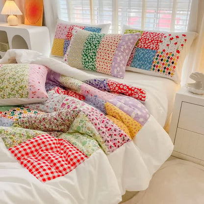 Colorful Patchwork Cotton Floral Bedding Set - White - 4pcs Bedding Set - Queen - image 0