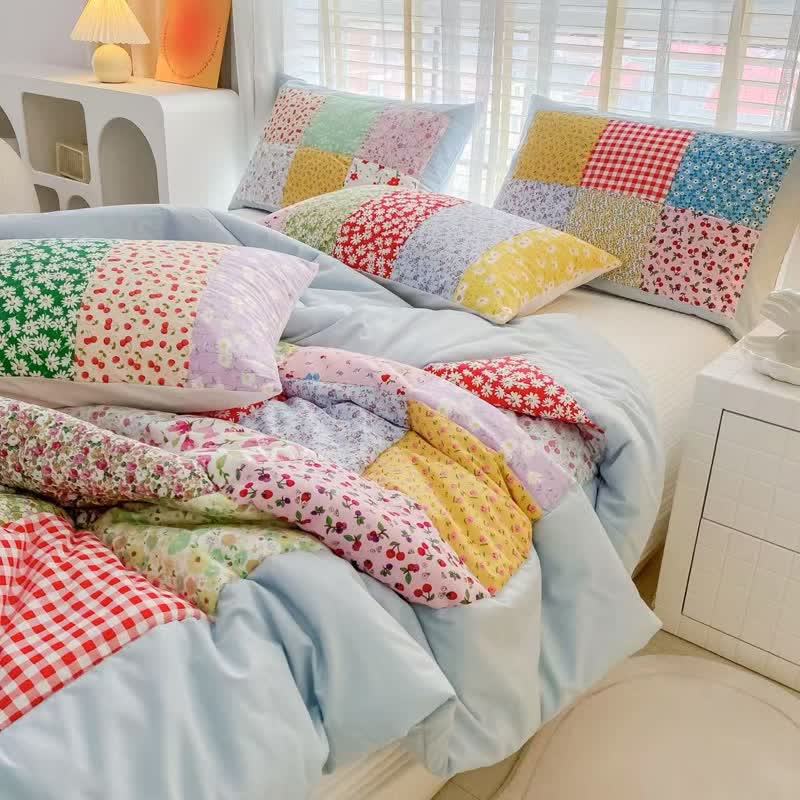 Colorful Patchwork Cotton Floral Bedding Set - Blue - 4pcs Bedding Set - Queen - image 4