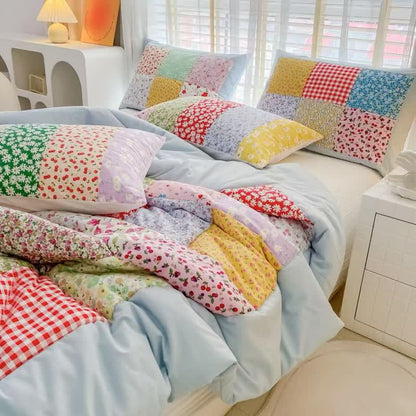 Colorful Patchwork Cotton Floral Bedding Set - Blue - 4pcs Bedding Set - Queen - image 4