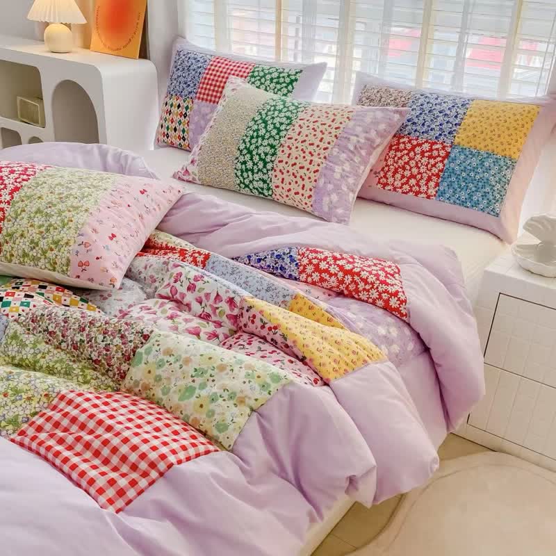 Colorful Patchwork Cotton Floral Bedding Set - Purple - 4pcs Bedding Set - Queen - image 5