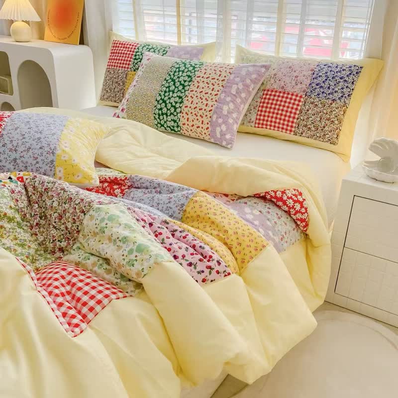 Colorful Patchwork Cotton Floral Bedding Set - Yellow - 4pcs Bedding Set - Queen - image 6