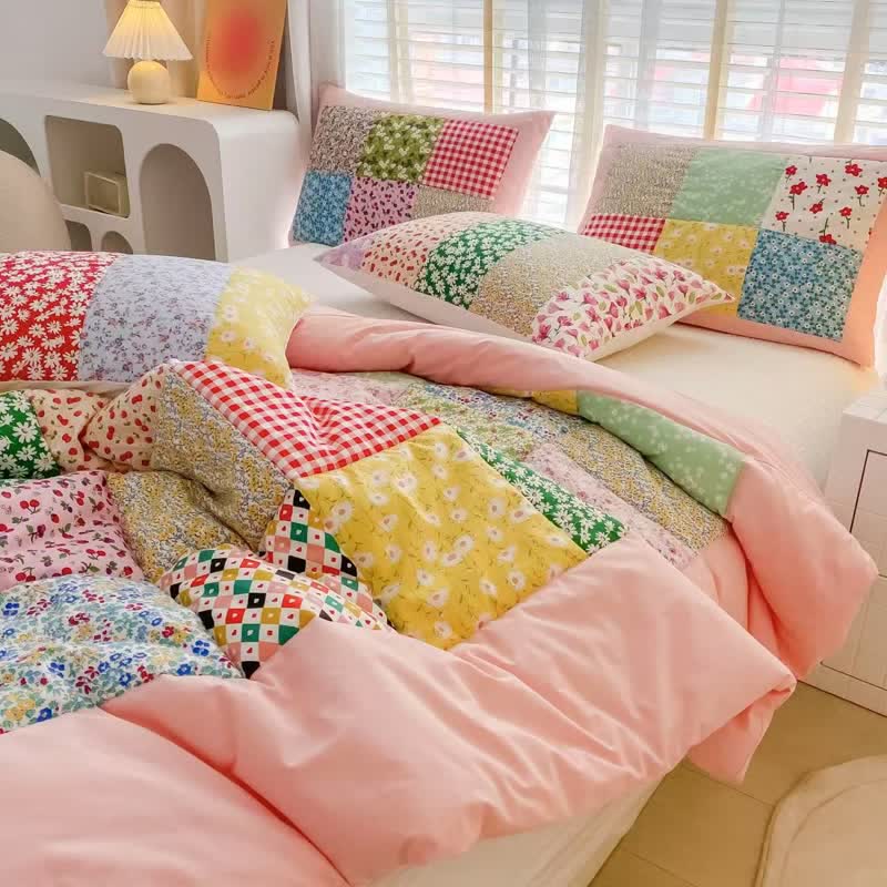 Colorful Patchwork Cotton Floral Bedding Set - Pink - 4pcs Bedding Set - Queen - image 7
