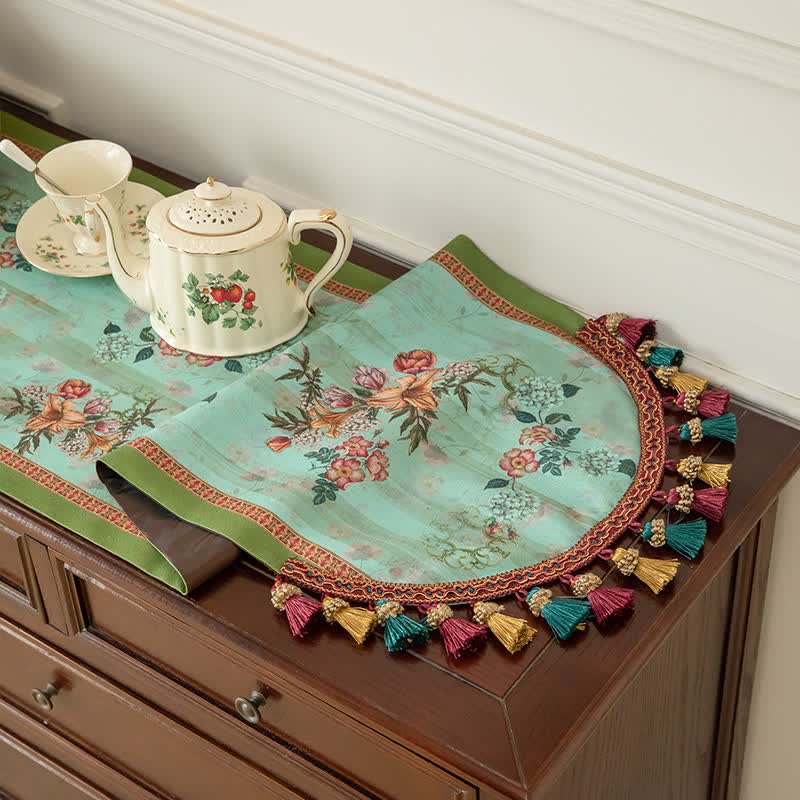Vintage Green Floral Tassel Table Runner - image 2